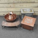 An Arts and Crafts copper slipper box, with hammer beaten and strap work decoration, 36cm,
