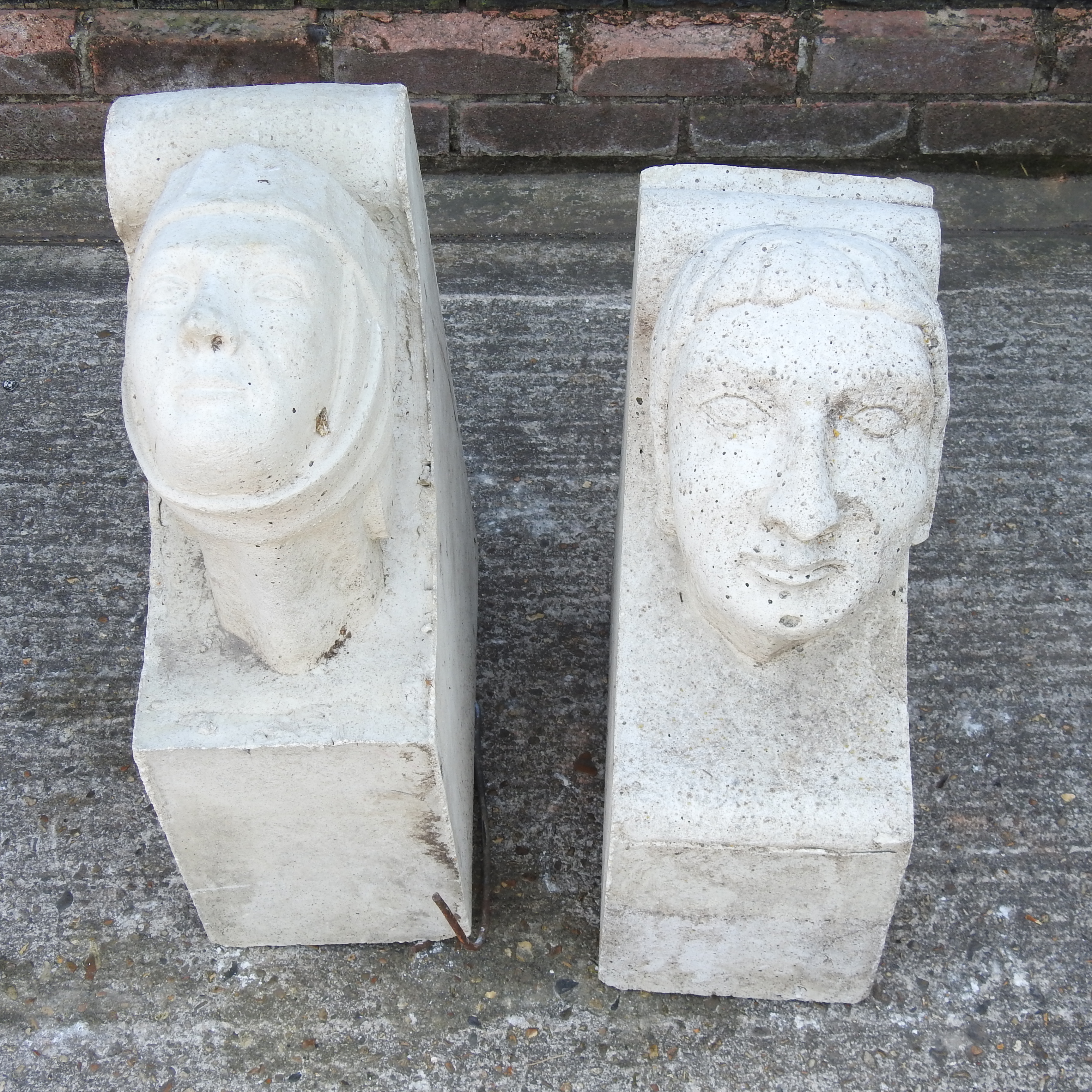 A near pair of medieval style reconstituted stone corbels, each in the form of a merchant's head, - Image 5 of 6