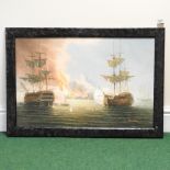James Hardy, 20th century, a sea battle off a coastal city, signed, oil on canvas laid on board,