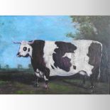 English School, early 20th century, a long horned cow in a field, oil on canvas, laid on board,