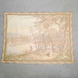 A tapestry, depicting a river scene, unframed, 132 x 173cm, together with another,