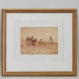 Henry Herbert Sands, British, fl 1883-1889, a man ploughing a field, sepia wash on paper,