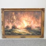 Attributed to James Hardy, 20th century, 'A sea battle with a warship blowing up',