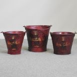A set of three vintage style painted metal advertising buckets,
