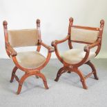 A near pair of 19th century continental carved light oak throne chairs, on x frame bases,