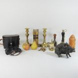 A collection of items, to include a pair of painted metal book ends, 18cm high, a school bell,
