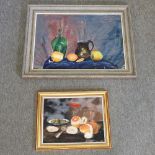 T Crawford, contemporary, still life of fruit on a table, oil on board, 48 x 66cm,