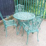 A green painted aluminium circular garden table, 86cm diameter,