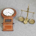 A 19th century walnut and inlaid drop dial wall clock, 73cm high,