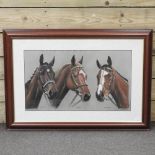 Nigel W Brunyee, 20th century, West Tip, Grundy and The Dickler, signed pastel of horse heads,