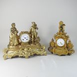 A 19th century continental gilt metal figural mantel clock, together with another larger,