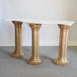 A gilt painted console table with a shaped marble top,
