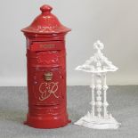 A reproduction GR metal post box, with key, together with a white painted metal stick stand,
