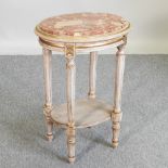 A marble top and cream painted two tier oval occasional table,