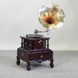A modern vintage style wind up gramophone, with horn,