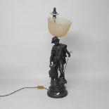 A bronzed figural table lamp, in the form of a shepherd boy,