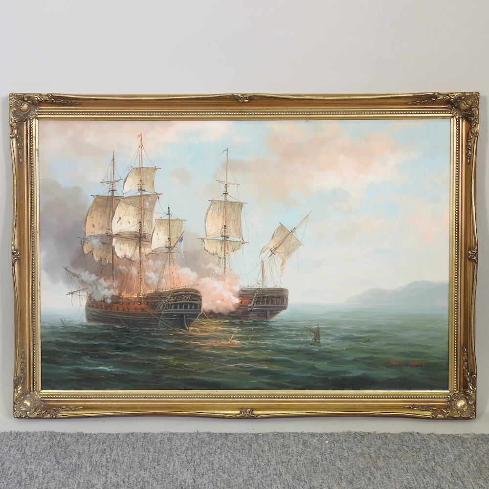 James Hardy, 20th century, 'A Sea Battle', signed oil on canvas laid on board, 49 x 74cm,