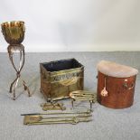 A brass coal box, 40cm, together with various fire tools, an ice bucket on stand,