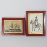 English School, 20th century, cavalry officer on a grey horse, 19 x 14cm overall,