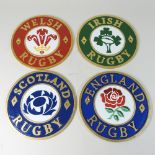 A set of four small modern painted metal rugby signs, England, Ireland, Scotland, Wales,