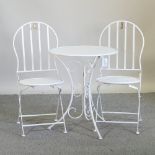 A white painted metal patio set, comprising a table, 60cm diameter,