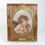 French School, late 19th century, a thoughtful cherub, oval, signed indistinctly, oil on canvas,