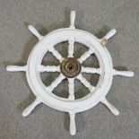 A vintage style white painted wooden ship's wheel,