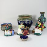 A Doulton Lambeth jardiniere, 20cm high, together with other china, three Doulton figures,