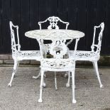 A circular white painted metal garden table, 80cm diameter,