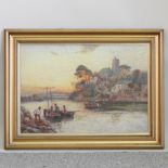 E Crowther, 20th century, a river estuary with a village and fishermen, signed, oil on canvas,