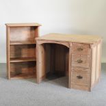 An antique pitch pine single pedestal desk, 95cm,