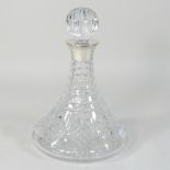 A modern cut glass ships decanter and stopper, with a silver collar, London 1993,