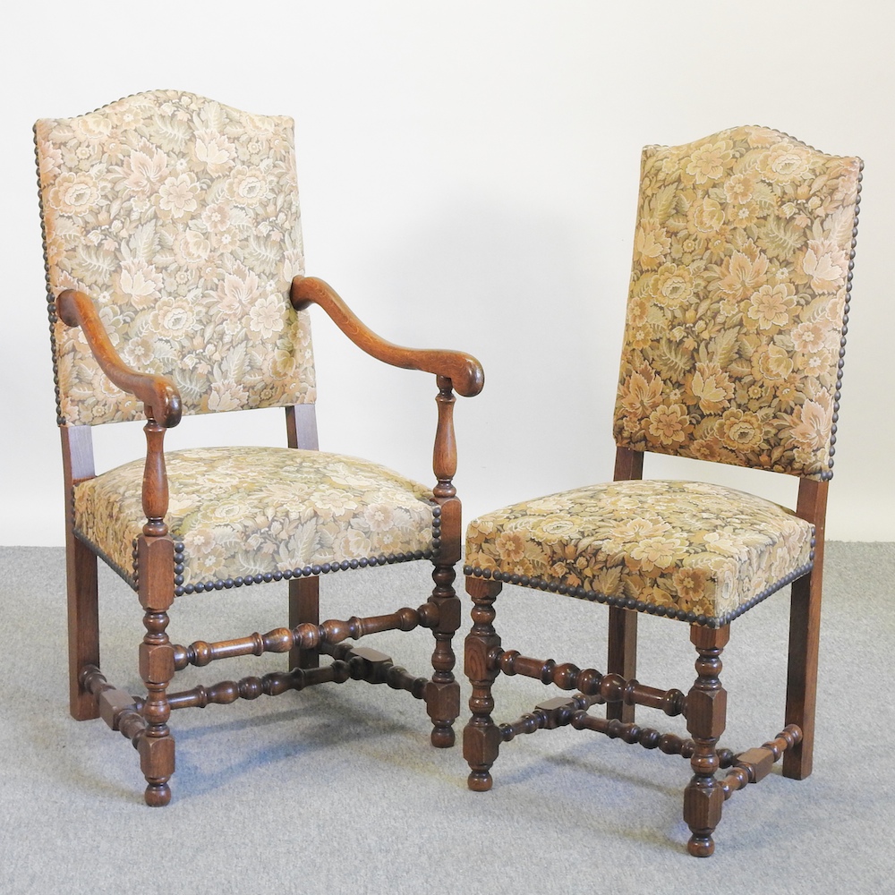 A set of ten 20th century floral upholstered high back dining chairs, of 17th century style,