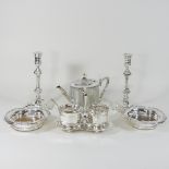 A collection of silver plated items, to include a pair of Elkington candlesticks, 27cm high,