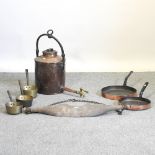 A 19th century copper kettle, together with two copper frying pans, largest 34cm,