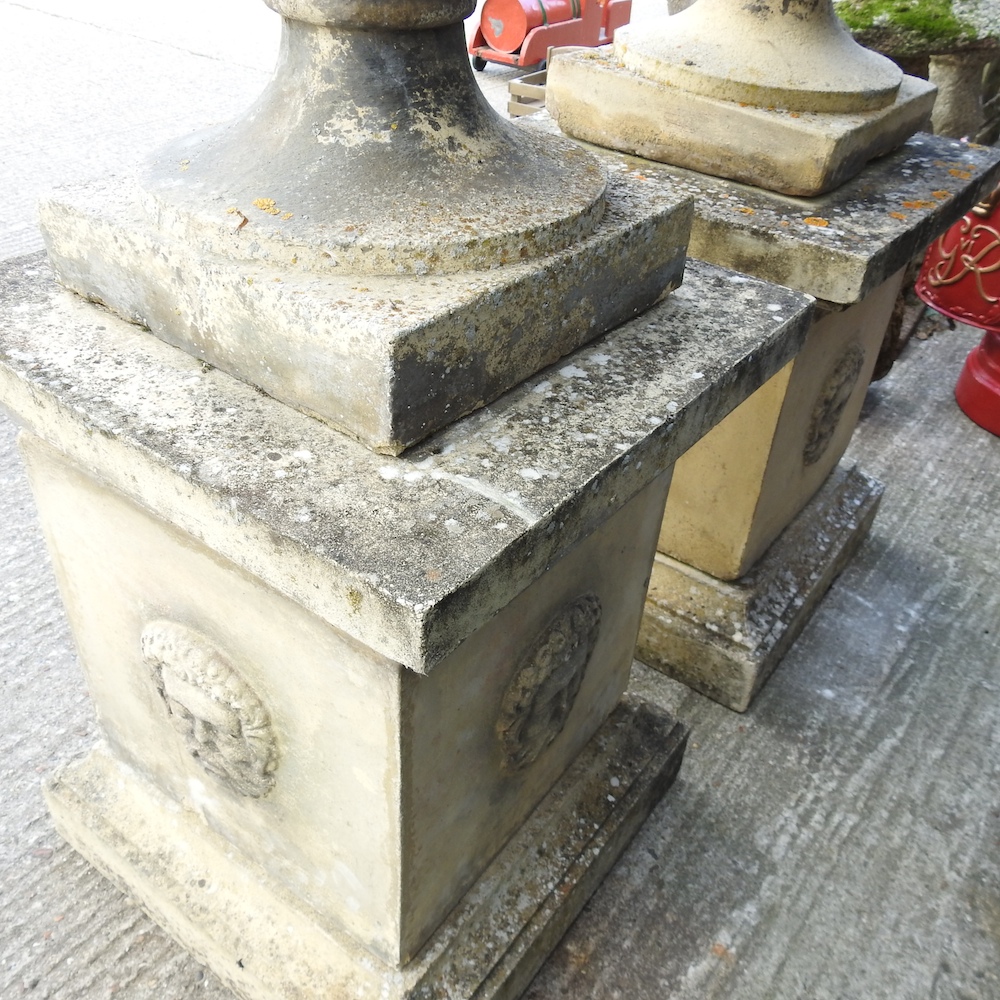 A pair of large reconstituted stone garden urns, each of campana shape, - Image 16 of 16