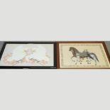A print, together with another, a painting on silk of a horse, 57 x 78 and another of cockatoos,