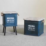 An industrial style green painted metal storage box, with a wooden lid, 41cm,