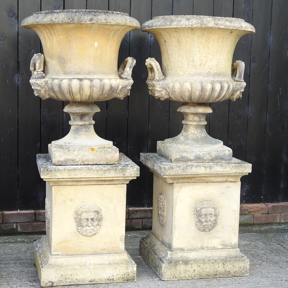 A pair of large reconstituted stone garden urns, each of campana shape, - Image 2 of 16