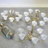 A brass eight branch chandelier, with glass shades, 58cm diameter,