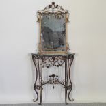 A 20th century continental painted metal marble top console table, with a matching pier mirror,