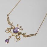 An early 20th century 9 carat gold amethyst and seed pearl pendant necklace, 5.