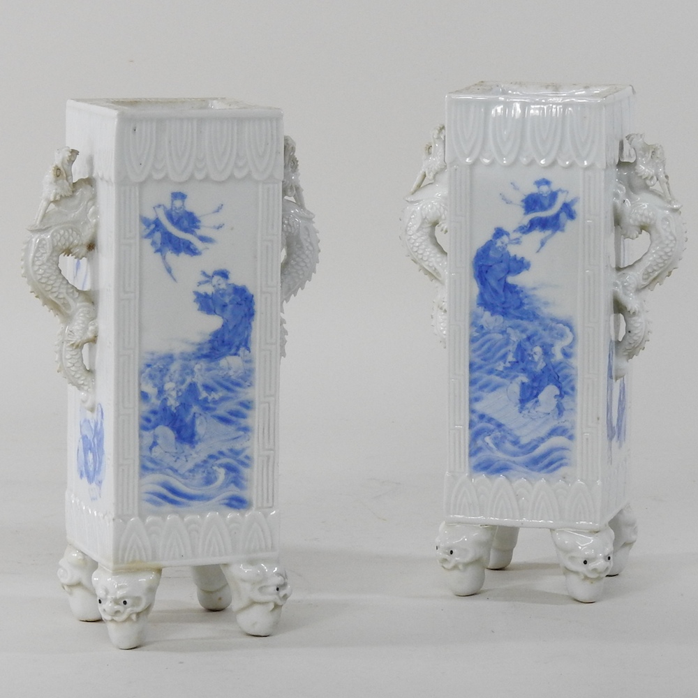 A pair of early 20th century Chinese blue and white porcelain vases, of square shape, - Image 3 of 13