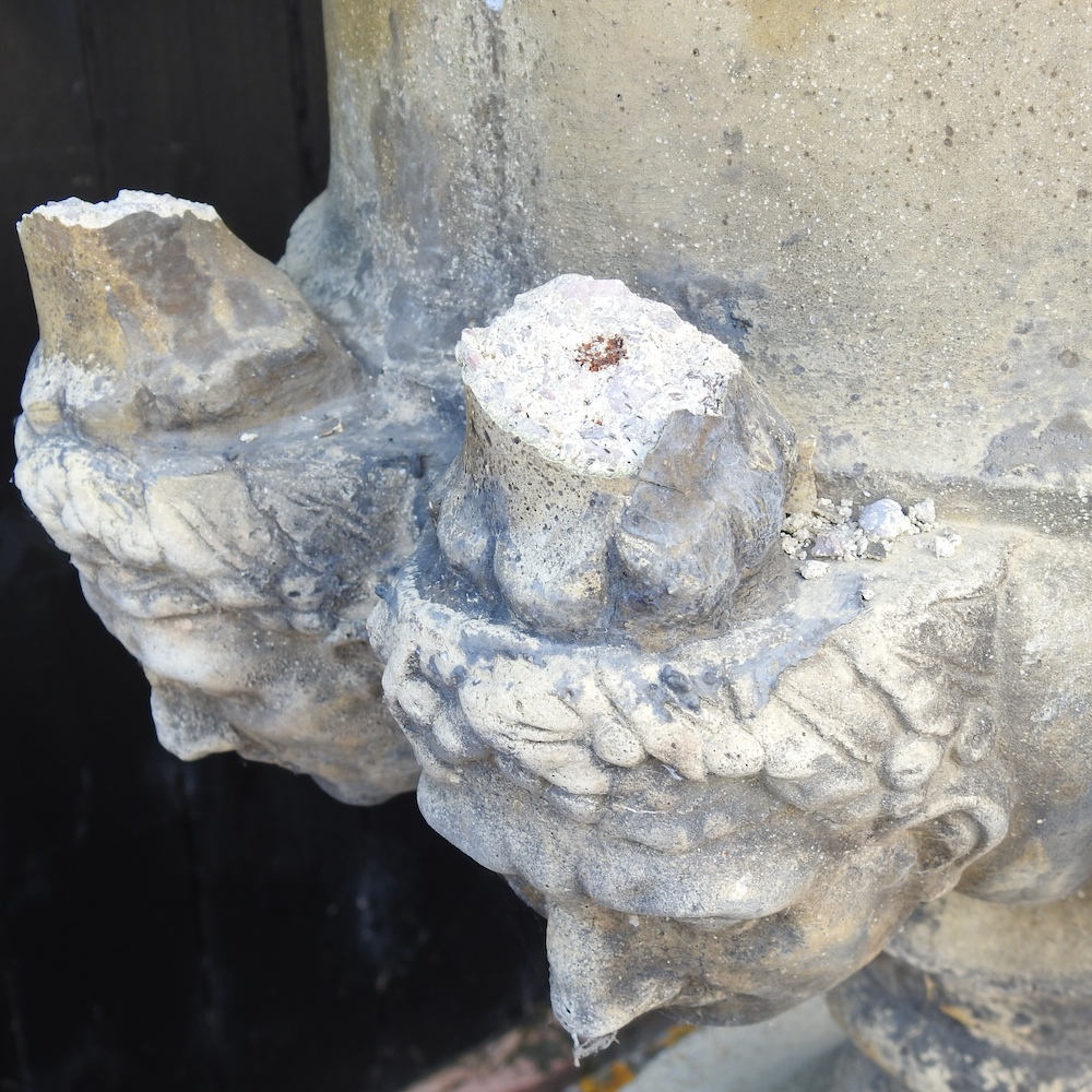 A pair of large reconstituted stone garden urns, each of campana shape, - Image 4 of 16