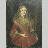 English 17th century school, a half length portrait of a young lady, wearing a red dress,