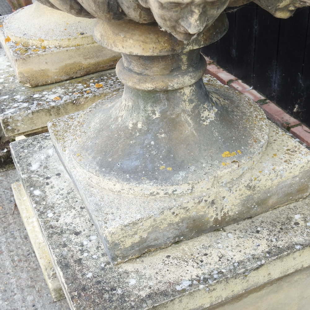 A pair of large reconstituted stone garden urns, each of campana shape, - Image 13 of 16