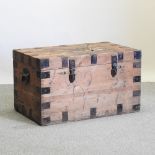 An early 20th century pitch pine trunk, with painted letters, having a zinc lined interior,