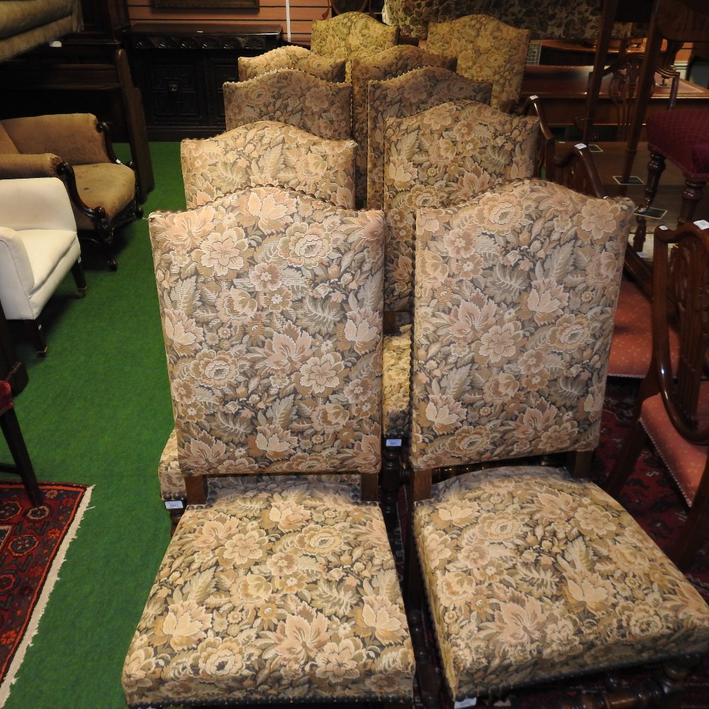 A set of ten 20th century floral upholstered high back dining chairs, of 17th century style, - Image 3 of 14