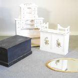 A white painted pine children's play shop, comprising a display shelf and counter,