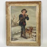 Continental school, 19th century, portrait of a wood cutter and his dog, oil on board,